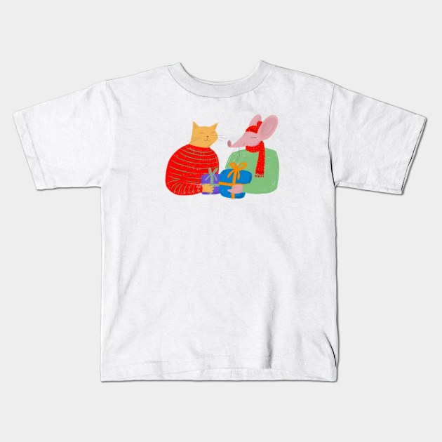 Cat and mouse with presents Kids T-Shirt by iulistration